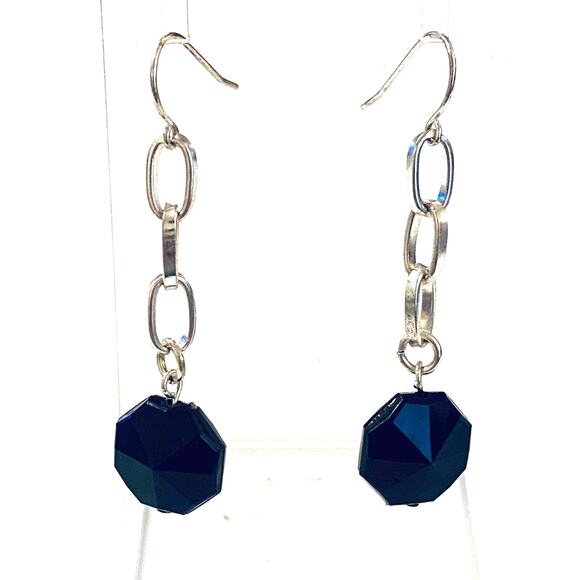 Silver Link with Black Gem Drop Earrings NEW - Picture 1 of 1